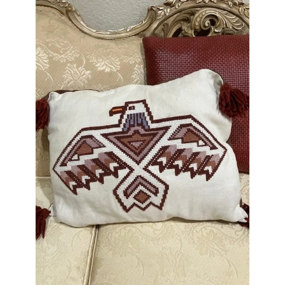 Two Southwestern Style Pillows‎ Embroidered Thunderbird & a Leather Pillow